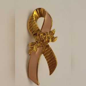 Gold and Pink Ribbon Brooch